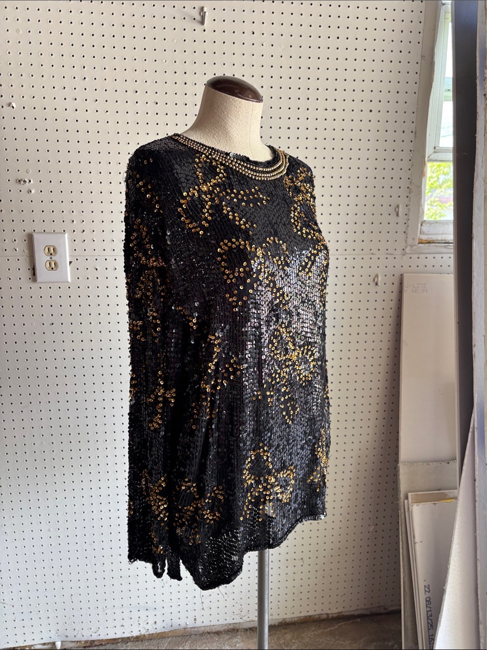 Vintage Black Sequin Blouse with Gold Stud Detailing - Picture 2 of 15